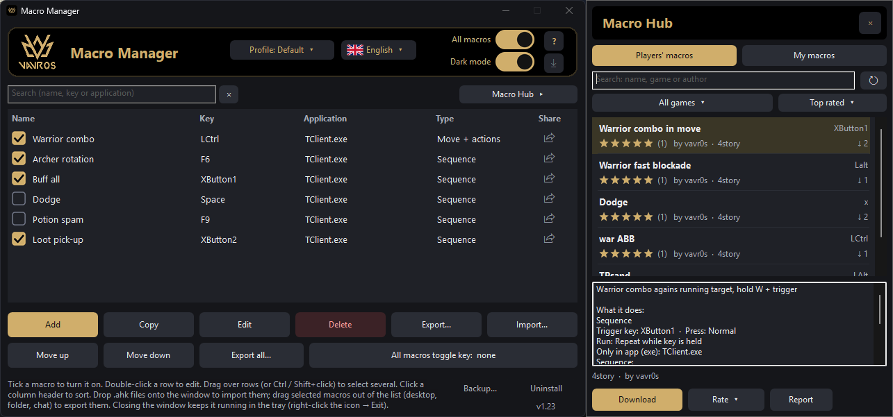 Macro Manager with the Macro Hub panel